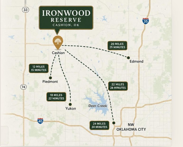 Map of Ironwood Reserve in Cashion, Oklahoma and nearby destinations